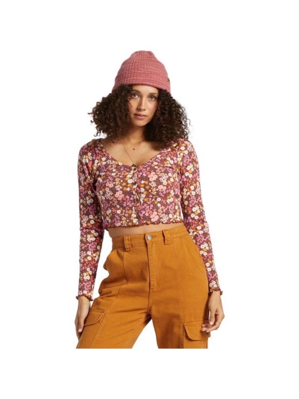 NWOT Billabong Floral Button-Front Cropped Long Sleeve Top Flower Pattern XS